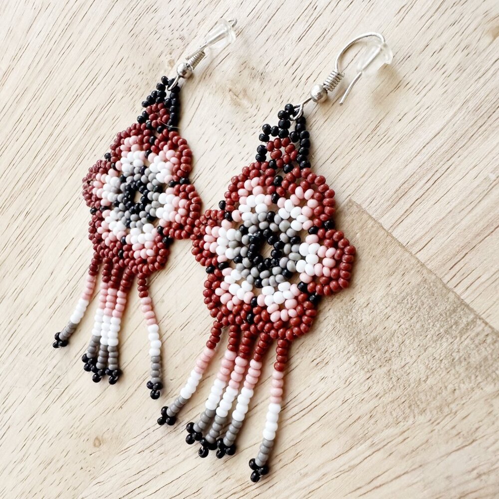 NEW Hand-Beaded Flower Earrings Mini Beads Maroon Pink Black White Southwestern - Picture 2 of 6